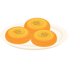 Three Golden Brown Round Pastries With Black Sesame Seeds Arranged On A White Plate With A Transparent Background