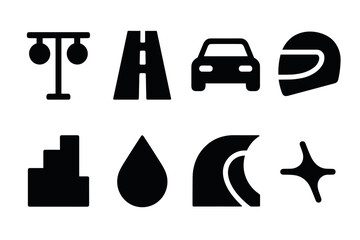 Fototapeta premium Silhouette icons: traffic, vehicle, motorsport, and abstract symbol set