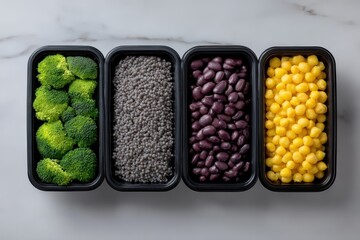Colorful vegan meal prep in neat containers showcasing fresh vegetables and grains for healthy eating. Veganuary Day