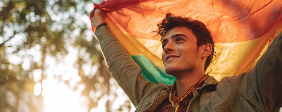Young man with rainbow flag celebrates pride outdoors in warm sunlight