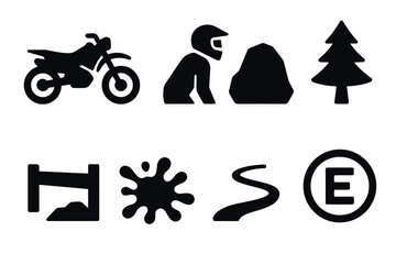 Off-road adventure icons: motorbike, rider, nature elements, and symbols