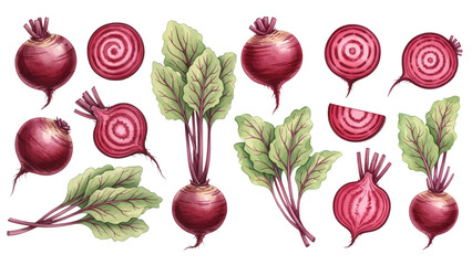 A vibrant collection of watercolor beets, featuring whole beetroots, sliced pieces, leaves, and fresh botanical elements