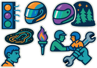 Colorful cartoon icons: traffic lights, helmets, galaxy, and tools in sticker style