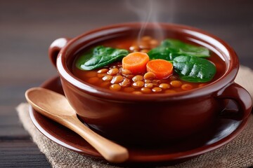 Steam rises from a warm bowl of hearty lentil soup garnished with fresh spinach and carrots. Veganuary Day