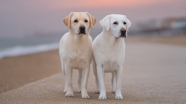 Two loyal dogs heeling on a sandy beach at sunset, capturing a perfect moment of companionship. National Train Your Dog Month - Powered by Adobe