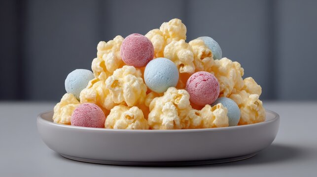 Colorful candy-coated treats atop a fluffy popcorn tray creating a delightful snack experience. National Popcorn Day