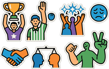 Colorful icons of people celebrating, competing, and collaborating in a sticker design
