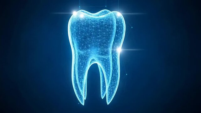 Digital representation of a human molar tooth as a glowing blue wireframe structure against a dark blue background, symbolizing dental technology and futuristic dentistry