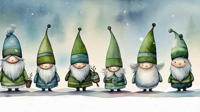 A cute animation of six Christmas gnomes standing in the snow. Watercolor illustration of festive Scandinavian characters. Whimsical winter holiday greeting background