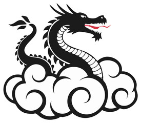 Black dragon with red tongue emerging from stylized white clouds