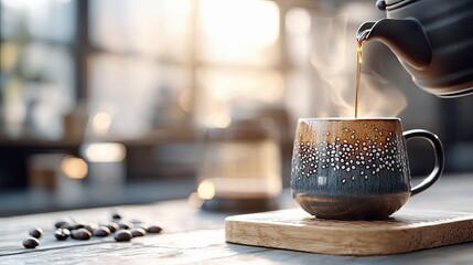 A close-up shot of hot coffee being poured from a teapot into a decorative ceramic mug. Coffee beans are scattered on the wooden table, and warm sunlight stream