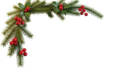 Christmas pine and holly berries corner border decoration element for holiday design isolated PNG with Transparent Background