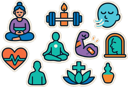 Wellness icons featuring meditation, fitness, and mental health in vibrant colorful stickers