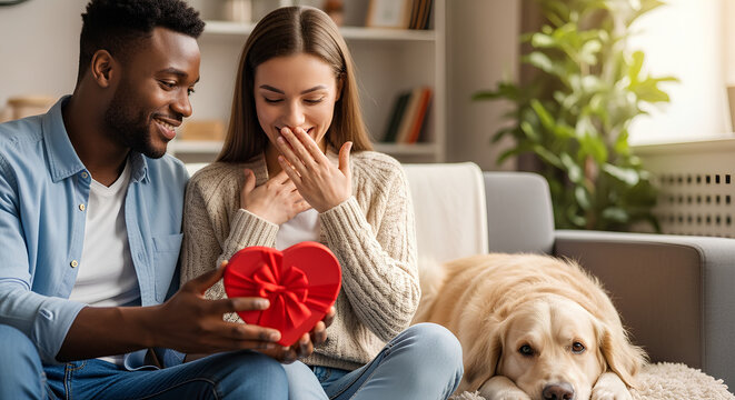 Happy European couple in a cozy room as the man gives the woman a heart-shaped gift box, while their dog rests on the sofa, creating a warm and romantic Valentine’s Day moment.