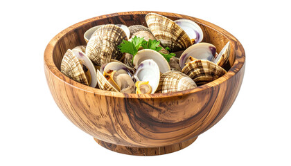 Clams in wooden bowl with parsley garnish