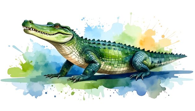 Watercolor illustration of a green alligator in a dynamic pose