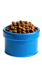 Dog food pile in blue bowl, isolated on black