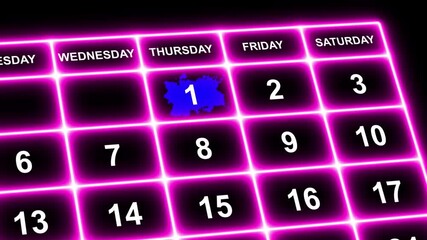 Neon Line Day 1st reminder on calendar with red circle mark or paint stain/ Ink bloom on date in work planning. Highlighting date number 1 on a calendar, symbolizing an important day or reminder.