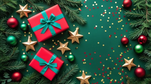 Christmas Flat Lay with Red Gifts, Gold Stars, and Green Ornaments on Teal Green Background with Copy Space.