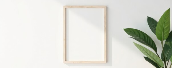 Crisp white wooden frame hangs against a smooth white wall , clean lines, backdrop, wooden