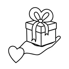 A vector illustration of an isolated red Christmas gift box wrapped with a gold ribbon and bow, featuring a decorative heart for a holiday surprise