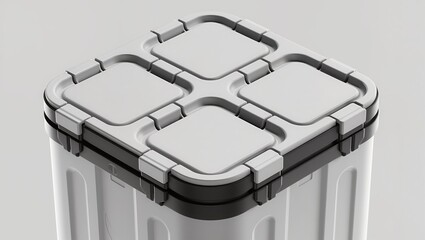 Close-up of a thermal food delivery container with sealed compartments, highlighting insulated structure and clean surfaces for packaging, logistics, catering, and transport concepts