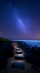 Starry Night Sky Over Rocky Beach with Pathway Leading to Ocean