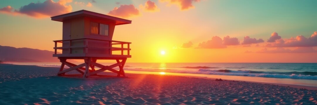 Sunset casts long shadows on a lifeguard tower, beach sand textured , beach, stock - Powered by Adobe