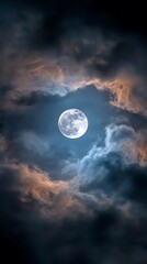 Bright Full Moon Illuminating Cloudy Night Sky with Dark and Light Clouds in Dramatic Atmosphere