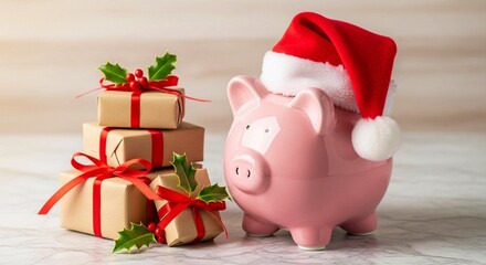 Pink piggy bank wearing a Santa hat next to stacked Christmas gifts wrapped in brown paper and red ribbon with holly leaves