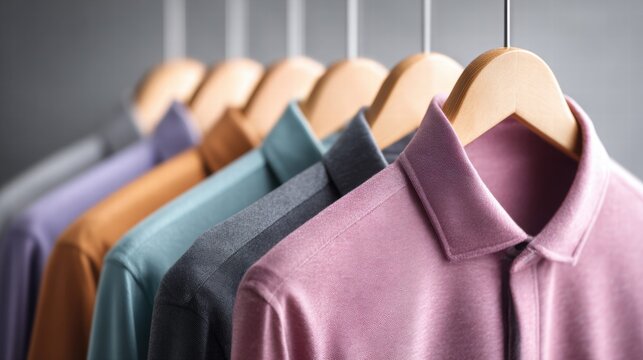 Colorful polo shirts hanging on wooden hangers