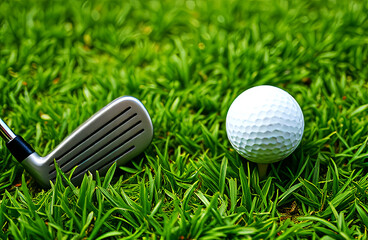 Professional Golf Sleek Silver Driver Club Leaning Against White Dimpled Golf Ball on Lush Green Grass