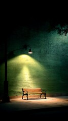 Empty Wooden Park Bench Under Bright Street Light Against Green Brick Wall at Night