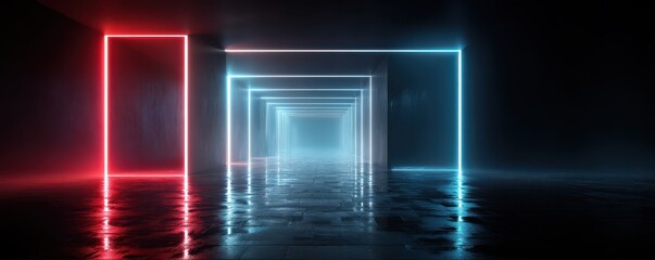 Futuristic neon tunnel with red and blue glowing frames in a reflective corridor