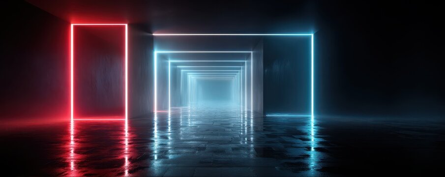 Futuristic neon tunnel with red and blue glowing frames in a reflective corridor