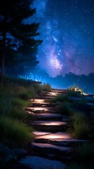 Night Sky with Milky Way Over Rocky Path in Forest Under Starry Sky