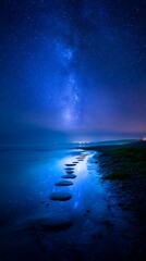 Serene Night Beach Scene Under Starry Sky with Milky Way Over Calm Water and Pebbled Shore