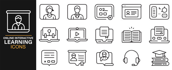 Clean linear educational icons for online courses, tutorials, and certificates
