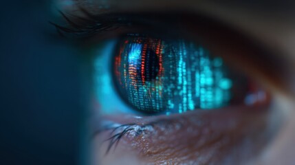A close-up of an eye reflecting digital data, symbolizing the fusion of technology and human perception.