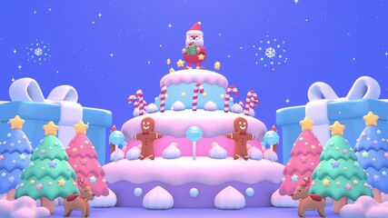 Cartoon Christmas cake with a cute dancing Santa Claus holding Christmas gift, candy canes, gingerbread men, lollipops, and Christmas trees animation. (loop) - Powered by Adobe