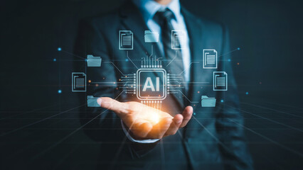 Modern businessman presenting AI data solutions with digital documents, showcasing innovation and technology for business intelligence and automation.
