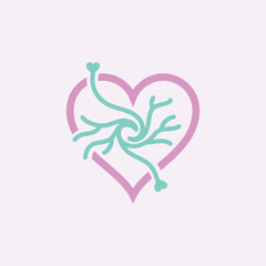 Stylized heart outline with intricate branching neural network inside on pale background