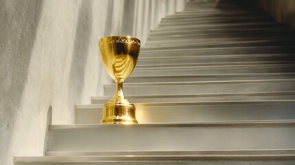 middleground. A golden trophy rests on a central staircase step, symbolizing achievement with elegant lighting and a minimalist polished metal surface. event key visuals.