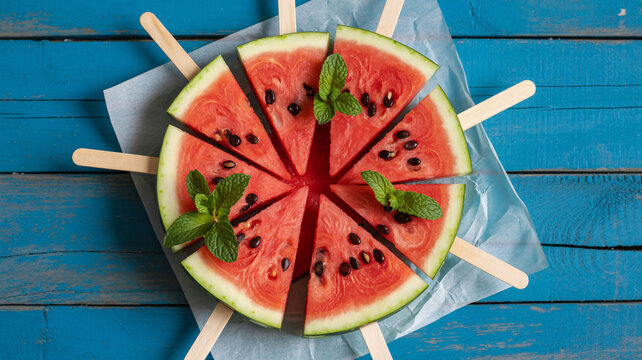 Refreshing watermelon slices with mint garnish and popsicle sticks, perfect for summer treats, healthy snacks, and vibrant food photography concepts
