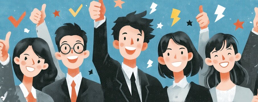 Celebration among business colleagues: a diverse team cheers with thumbs up and smiles together for success