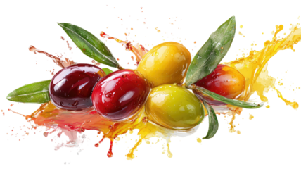 Colorful ripe olives with fresh green leaves and vibrant liquid splash motion captured in high detail isolated on black background