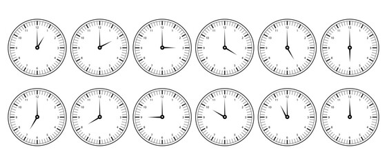 clock with numbers and time of hours from 1pm/am to 12pm/am, vector illustration of wall clock in black color on white background for graphics, alarm, minutes, vintage