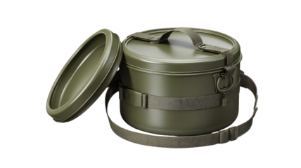 Olive green military-style metal container with open lid, carrying strap, sturdy latches and smooth cylindrical design isolated on black background