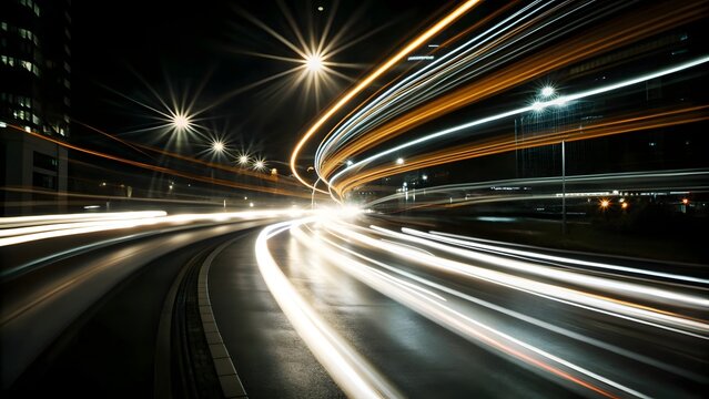Long exposure photograph captures the dynamic flow of city traffic at nighttime - Powered by Adobe