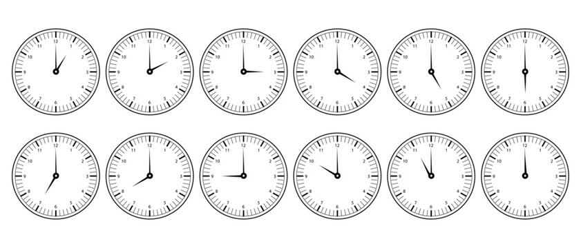 clock with numbers and time of hours from 1pm/am to 12pm/am, vector illustration of wall clock in black color on white background for graphics, alarm, minutes, vintage